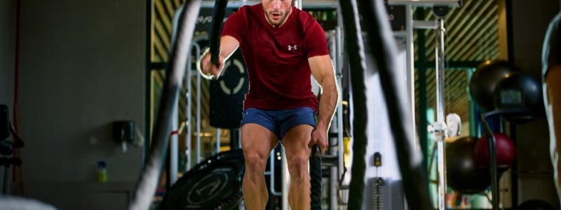 Man using battle ropes in the gym.