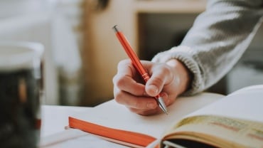 Person writing in a journal with a red pen