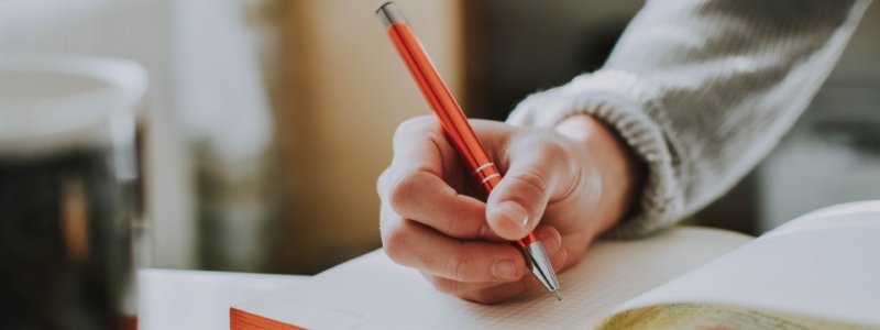 Person writing in a journal with a red pen