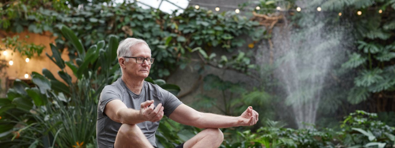 Man sitting cross-legged, eyes closed, hands in a yoga mudra - he appears to be meditating.