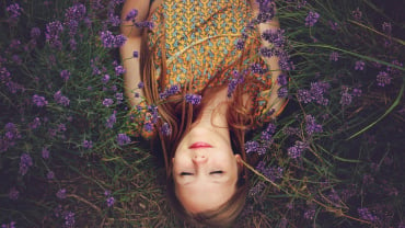 A woman sleeping in a field surrounded by lavender.