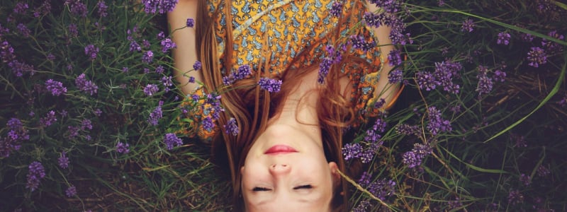 A woman sleeping in a field surrounded by lavender.