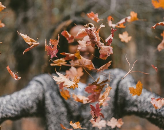 A person in a jumper throwing autumn leaves outdoors.