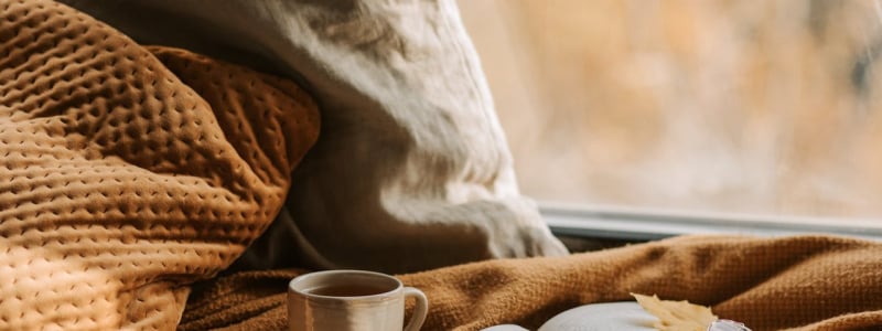 A notebook resting on a blanket with a leaf on top of it, in a brown shade that suggests autumn.