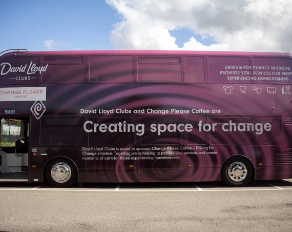 Driving for Change bus for Change Please x David Lloyd Clubs.