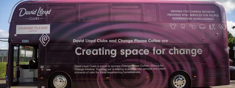 Driving for Change bus for Change Please x David Lloyd Clubs.