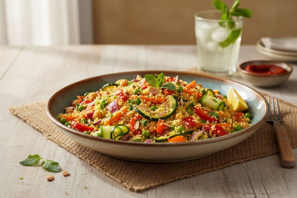 Cous cous con verdure fresche, zucchine, peperoni, piselli e cipolla rossa.